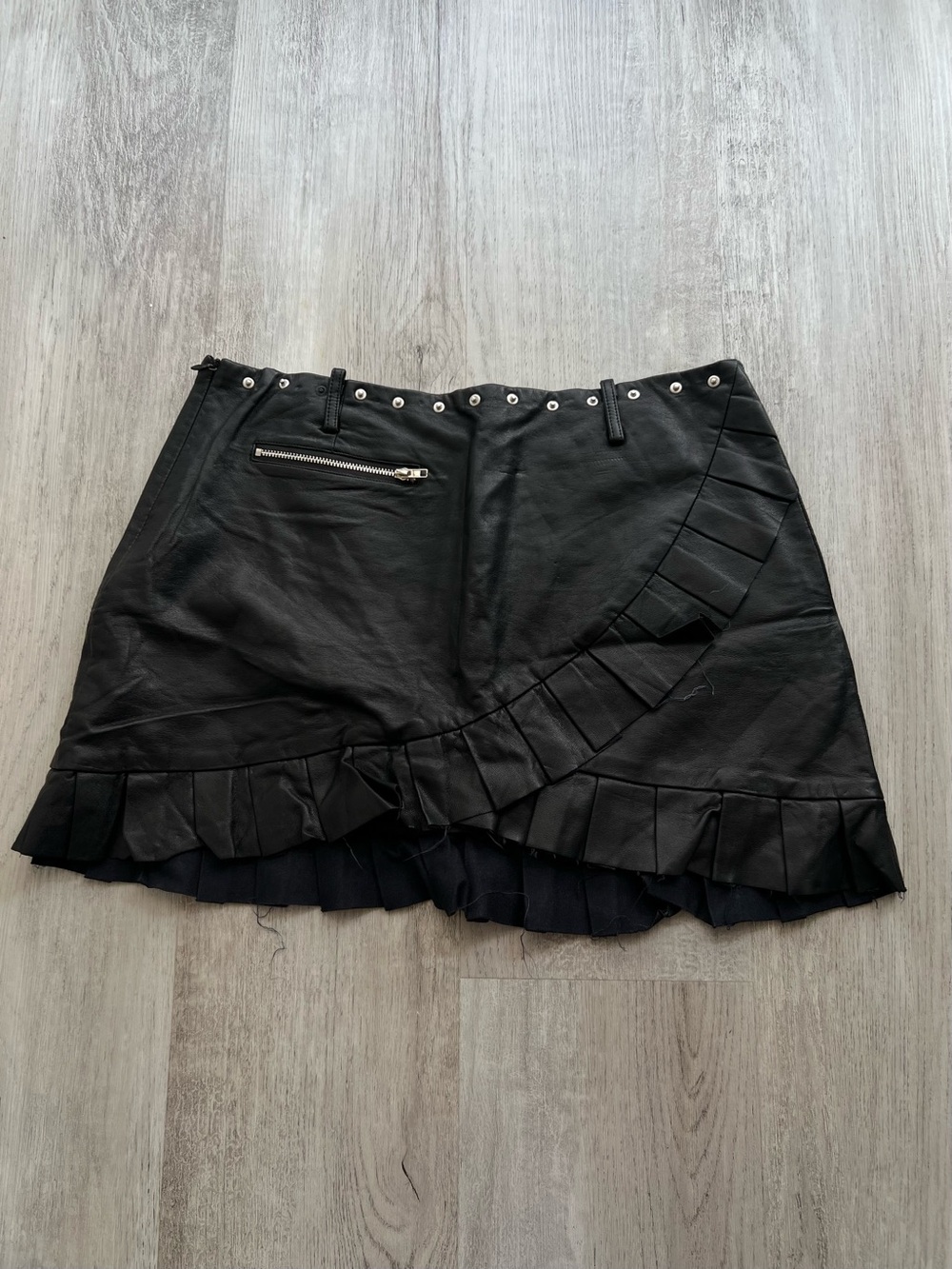 Black Ruffled Leather Mini Skirt with Zip Pocket